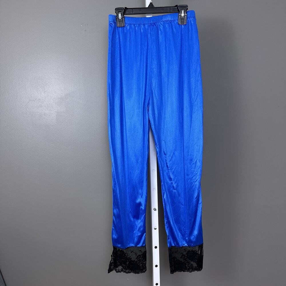 Vintage Shirley of Hollywood Blue Nylon Black Lace Capri Pajama Pants Small